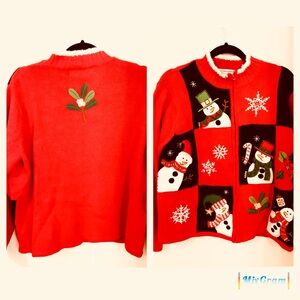 Festive Red Snowman Cardigan Sweater